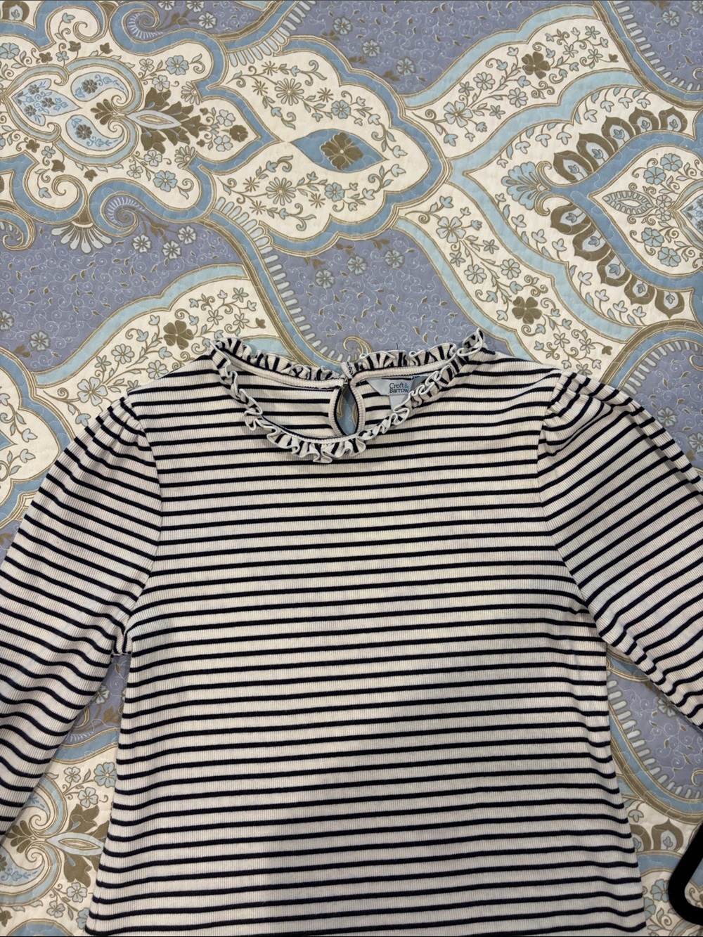 Croft & Barrow dark navy & off white Striped Ruffle Neck Top